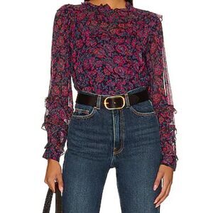 CLEOBELLA FIORELLA BLOUSE Bordeaux Floral M Women’s Ruffle Chiffon High Neck